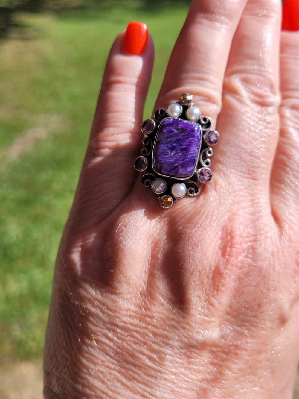 Nicky Butler Purple Charoite, Pearl and Semi Precious  Sterling Ring